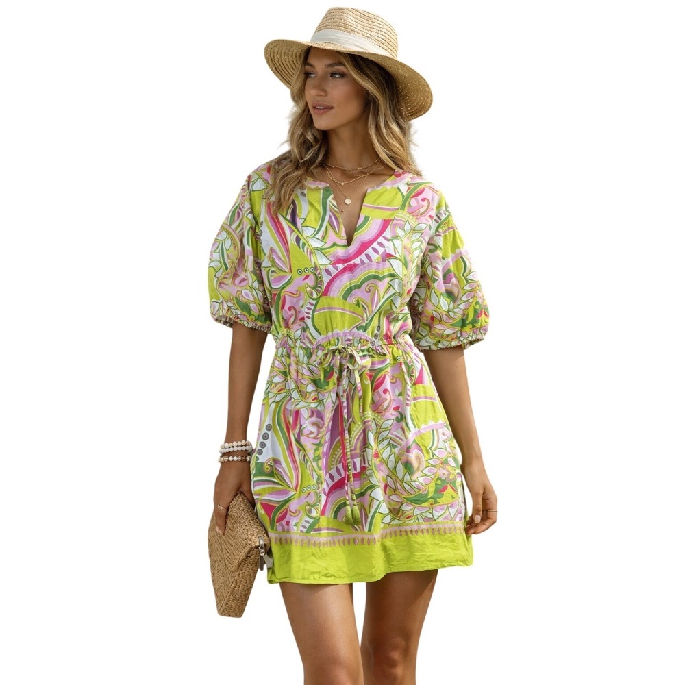 Boho Paisley Cotton Mini Dress Pink Green Elastic Tie Waist Tassel Small Summer